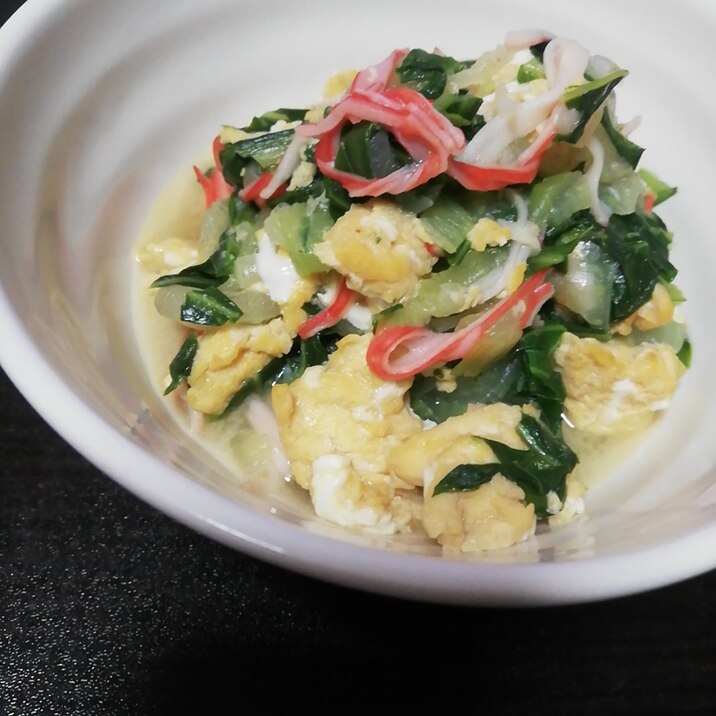 たまごふわふわ!チンゲン菜とカニカマ炒め